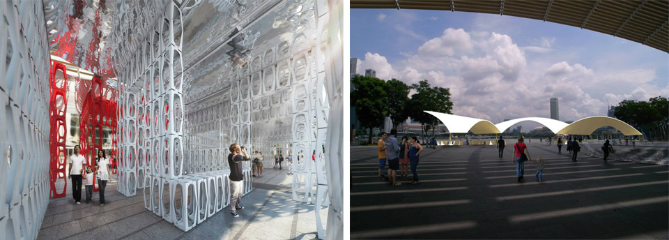 his year’s Archifest pavilion will be designed by HCF and Associates as well as Agfacadesign and the NUS, whose respective concepts “Fugue 1357″ (left) and “Cloud Arch” (right) were picked as joint winners for this year’s design competition. | ARCHIFEST