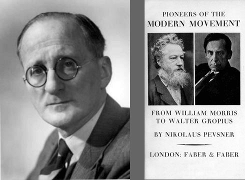 Nikolaus Pevsner (1902-1983) and the first page of his 1936 book Pioneers of the Modern Movement